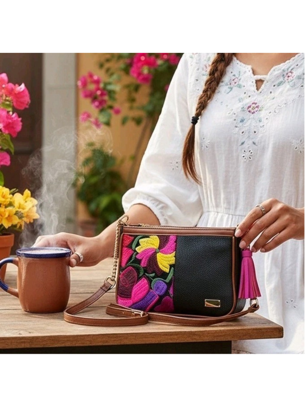Black Fushia Mexican Floral Embroided Artisan LEATHER Handbag Purse Crossbody
